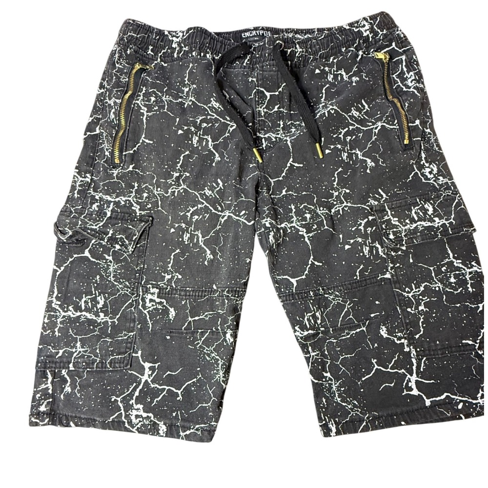 Encrypted Cargo Shorts Mens XL‎ Black White Crackle Print Zip Pockets Drawstring